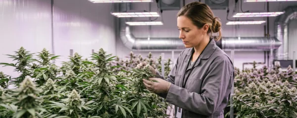 Cultivateur professionnel inspectant des plants de cannabis CBD sous éclairage LED dans une installation de culture indoor