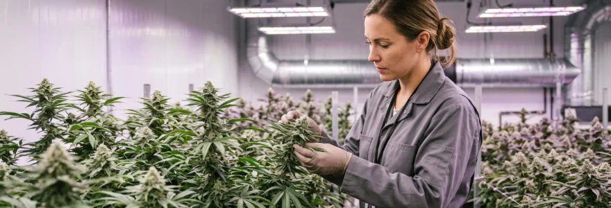 Cultivateur professionnel inspectant des plants de cannabis CBD sous éclairage LED dans une installation de culture indoor