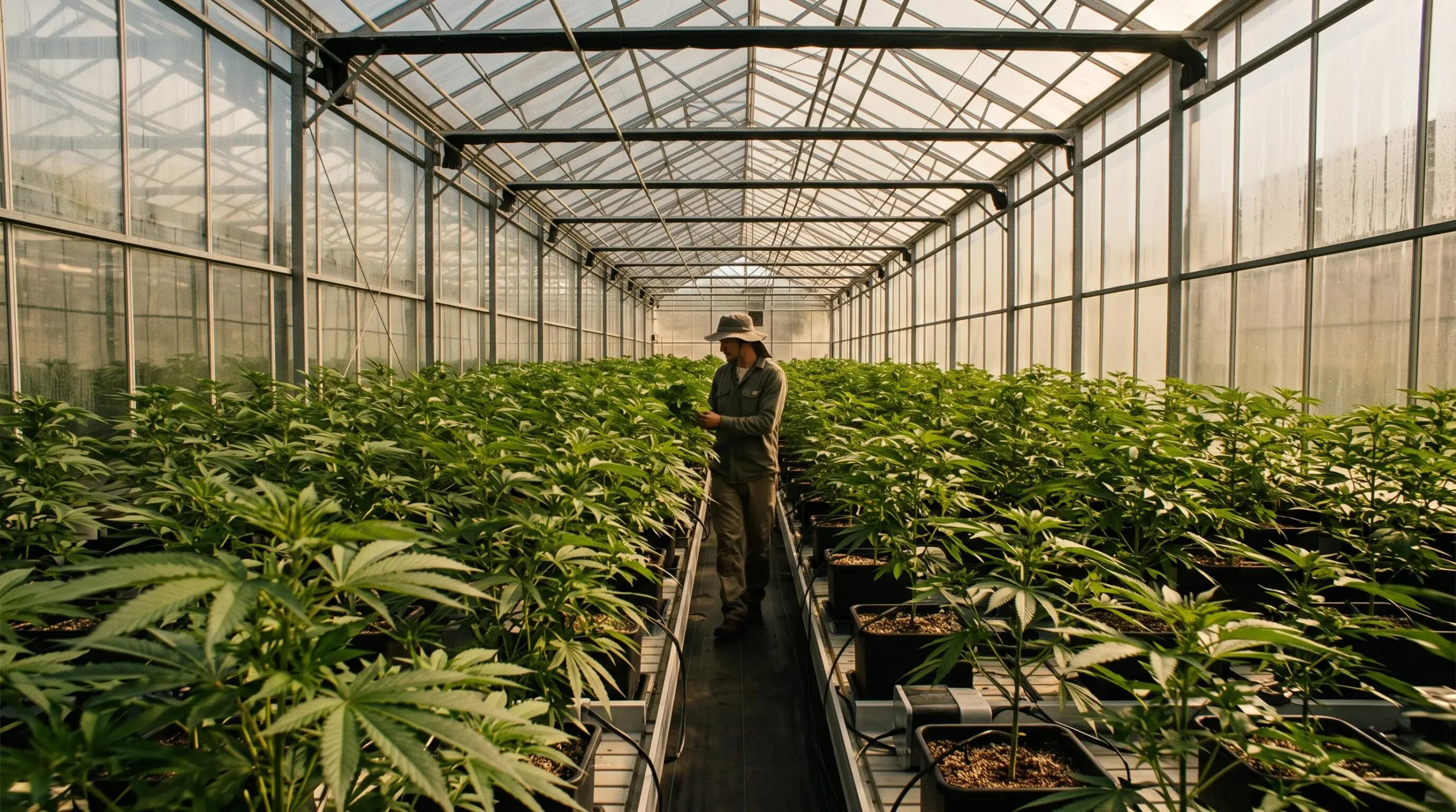 Rangées de plants de cannabis CBD cultivés en serre avec lumière naturelle diffusée à travers la structure vitrée