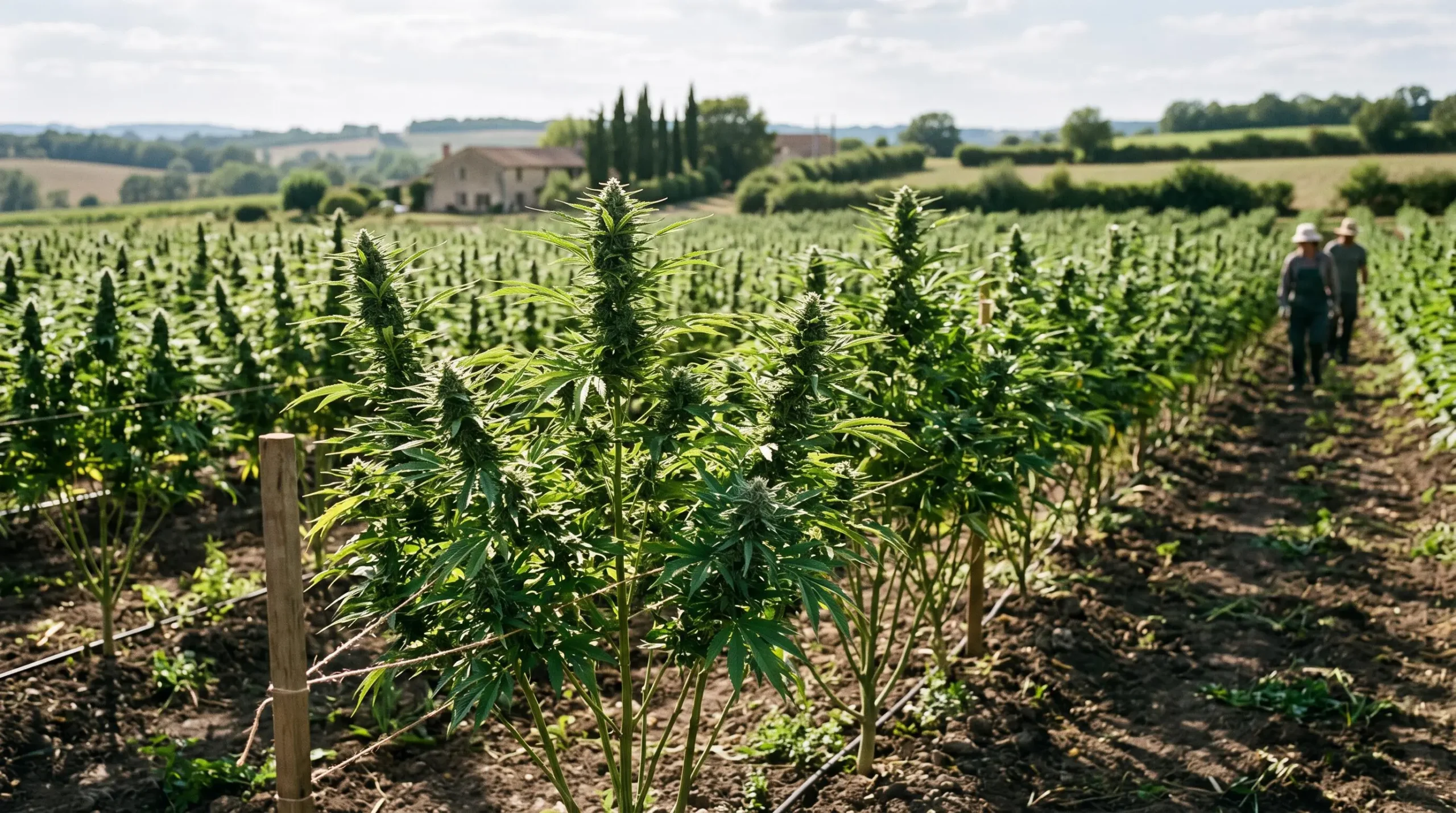 Plants de cannabis CBD cultivés en plein champ sous lumière naturelle dans un environnement agricole français